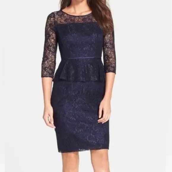ADRIANNA PAPELL 12 Women's Lace Overlay Sheath Dress Peplum Navy Cocktail Short - Picture 12 of 14